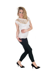 Fototapeta premium Slim woman standing in black tights.