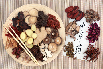 Chinese Herb Selection. With calligraphy script on rice paper. Translation reads as chinese herbs.