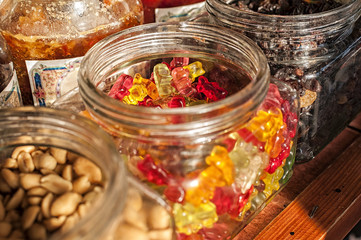 Fototapeta na wymiar Close-up on a jar filled with gummy jelly bears