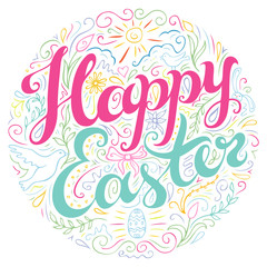 Happy Easter card with freehand lettering and decorative flourish elements.