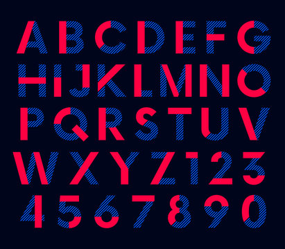 Geometric decorative colored font, vector alphabet