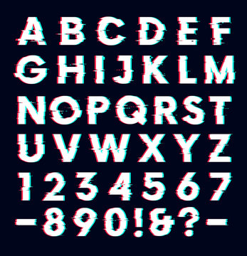 Glitch font with distortion effect vector letters and numbers, dark background
