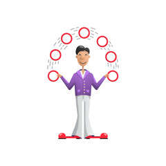 Vector illustration juggler putting on a show and juggling rings, insulated character actor of the circus