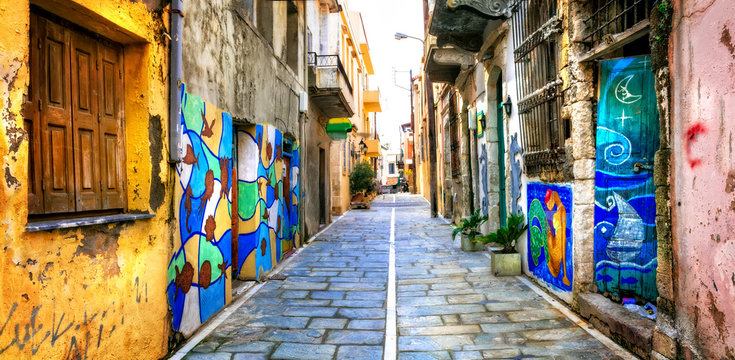 Colorful old streets with wall drawings in Rethymno, Crete,Greece