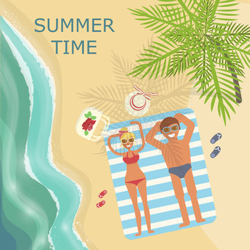 Vacation in tropical countries. Summer beach landscape. Top view vector illustration eps 10.