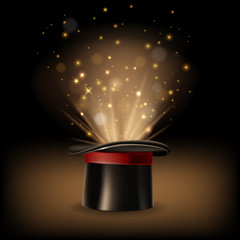 Magic hat with magic lights on dark brown background. Vector illustration.