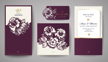 Fototapeta na wymiar Set of Wedding Floral Invitation. Template for laser cutting. Vector illustration.