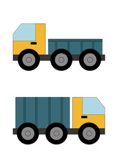 Collection of the yellow and blue lorry. Vector illustration, isolated on a white background.