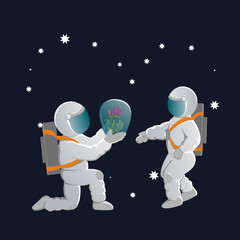Love astronaut in white suits gives his girlfriend a gift flower in a glass on a background of the constellations in the form of heart. Illustration of Valentine's and Cosmonaut Day.
