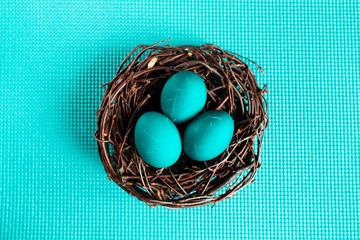 Easter eggs in the nest on blue background