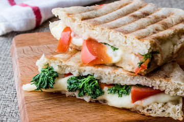 Turkish Bazlama Tost / Toast sandwich with melted cheese, tomatoes and dill.
