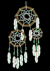 Realistic dream catcher with a wooden base and a decoration of white thread, green transparent beads and motley white feather. Ethnic cult objects of American Indians and the shamans of Siberia.