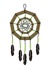Realistic dream catcher with a wooden base and a decoration of black thread, green transparent beads and motley brown feather. Ethnic cult objects of American Indians and the shamans of Siberia.
