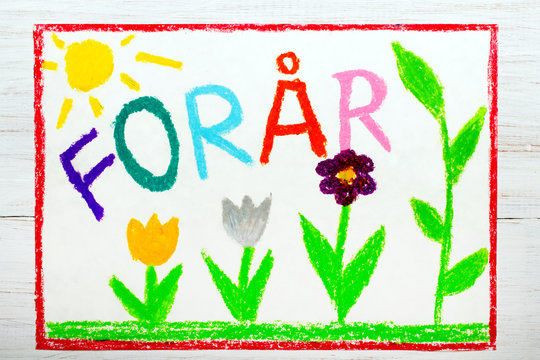 colorful drawing: Danish words Forår (Spring) and beautiful flower