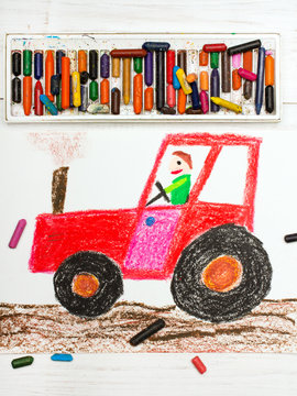 Colorful drawing: man in a red tractor