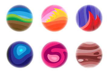 set of fantastic planets and round icons