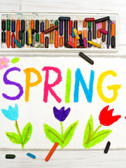 Colorful drawing: word SPRING and flowers