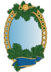 Oval gold frame with circles of different colors and a medallion in the form of the sun on top, surrounded by oak leaves and a blue ribbon for an inscription. Background framed in a summer sky.