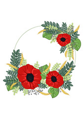 A wreath of red poppies, ears of wheat and a variety of green leaves. Postcard birthday, Valentine's Day, wedding, Women's Day.