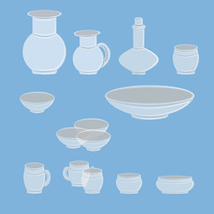 Collection of tableware made of transparent glass. Cups, saucers, plates, glasses, pitcher, bowl. Vector illustration, isolated on a white background.