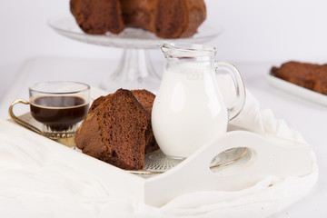 breakfast with bundt cake and coffe end milk