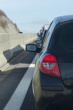 Traffic jam on highway, stopped cars waiting