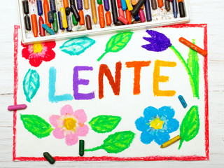 Colorful drawing: Nederlands words LENTE (Spring) and beautiful flowers