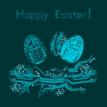 Easter eggs in nest in circuit board style. Happy Easter greeting card. Vector Illustration
