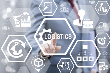 Logistics concept. Man touched gear logistics icon on virtual screen. Logistic global partner...