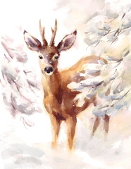 Obraz premium Watercolor Deer Hand Painted Winter Scene Illustration 