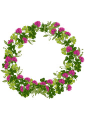 Wreath of purple clover and a variety of green leaves. Postcard birthday, Valentine's Day, wedding, Women's Day, St. Patrick's Day.