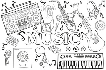 black white drawing. Doodle. vector set of elements for music. guitars, drums, microphones
