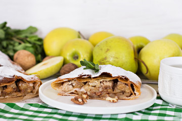 Strudel with apples and nuts.