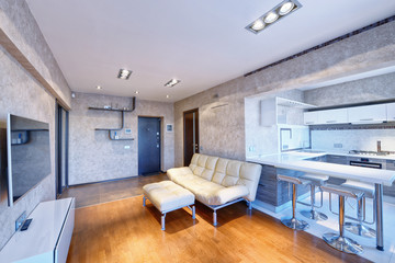 Russia, Moscow region - interior design kitchen - living room in luxury new apartment