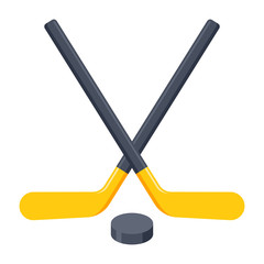 Crossed hockey sticks and puck, vector illustration in flat design