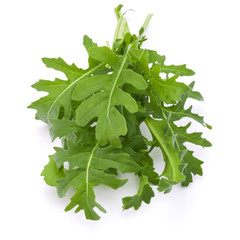 Close up studio shot of green fresh rucola leaves isolated on white background. Rocket salad or arugula.