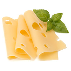 Cheese and basil leaves isolated on white background