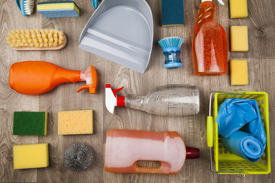 House cleaning with various cleaning tools