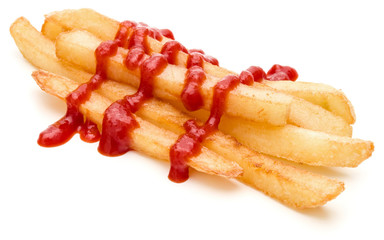 French Fried Potatoes with ketchup isolated on white background