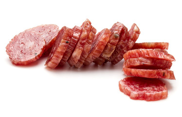 Salami smoked sausage slices isolated on white background cutout