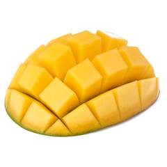 Sliced mango cubes isolated on white background