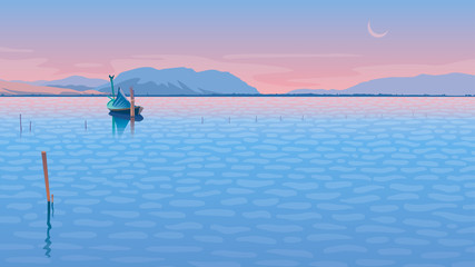 Evening sea landscape with a fishing boat vector illustration 