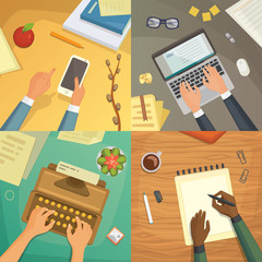 Flat design top view on desk concept Design, Writing on letter. Workplace with typewriter. Flat design. blogging illustration.