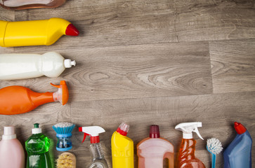 House cleaning product on wood table