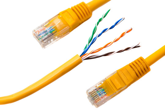 An ethernet wire cable and yellow patch-cord with twisted pair (isolated).