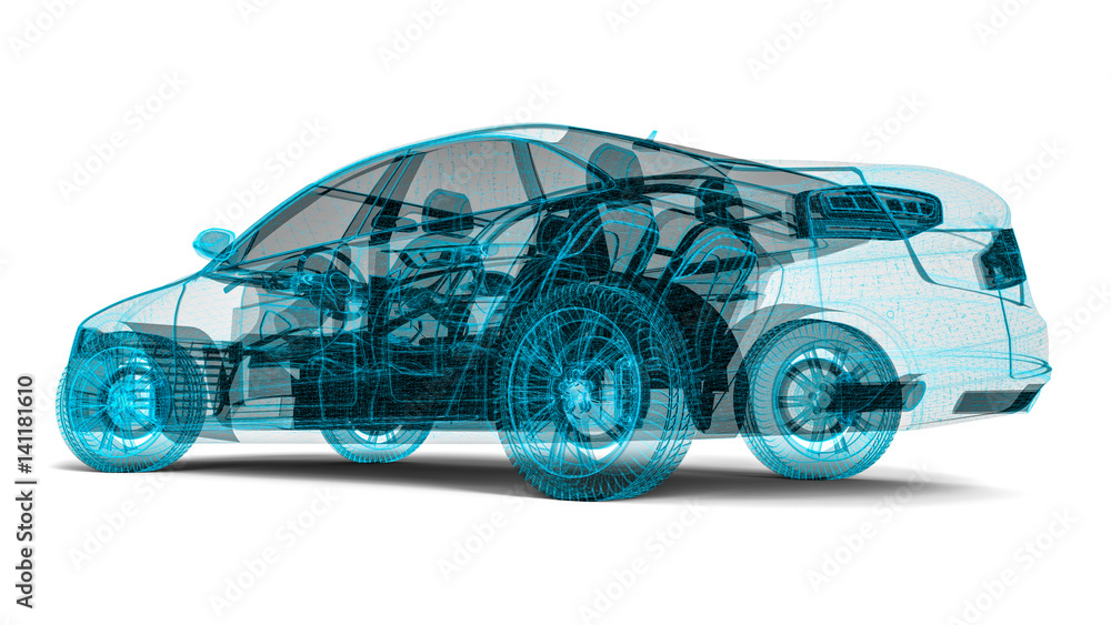 Poster 3d render image representing an car in wire frame / wire frame car