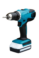 Blue cordless screwdriver with a drill isolated on white background