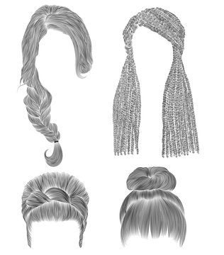 set woman hairs  . black  pencil drawing sketch .
bun babette with  fringe hairstyle.women fashion beauty style. african cornrows .