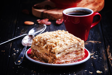 Puff cake with custard, selective focus