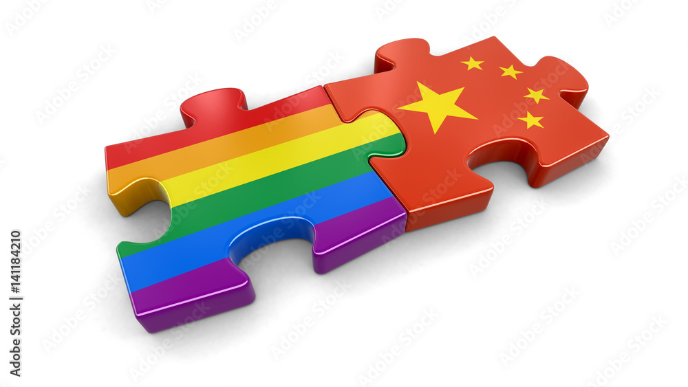 Poster china and lgbt puzzle from flags. image with clipping path